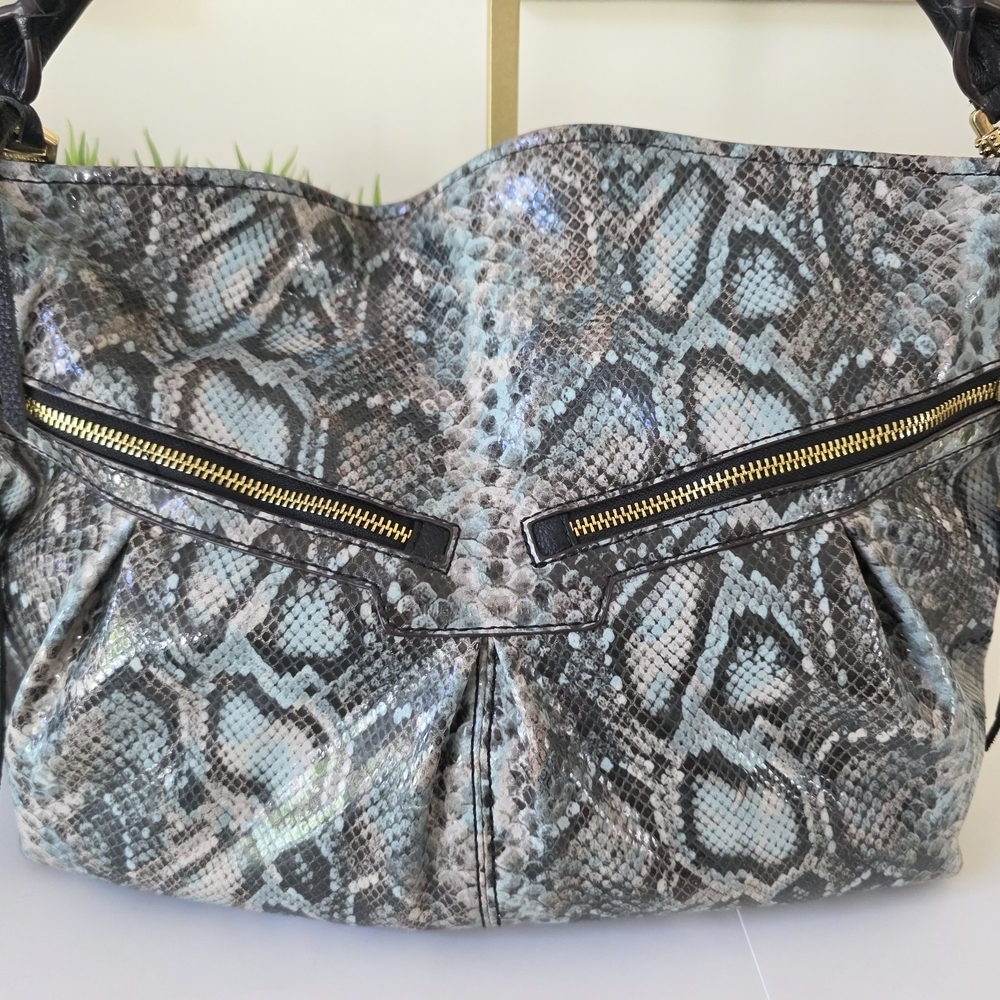 Aimee Kestenberg Snakeskin Embossed Leather Hobo Bag Gray Black Pale Blue - Picture 3 of 16